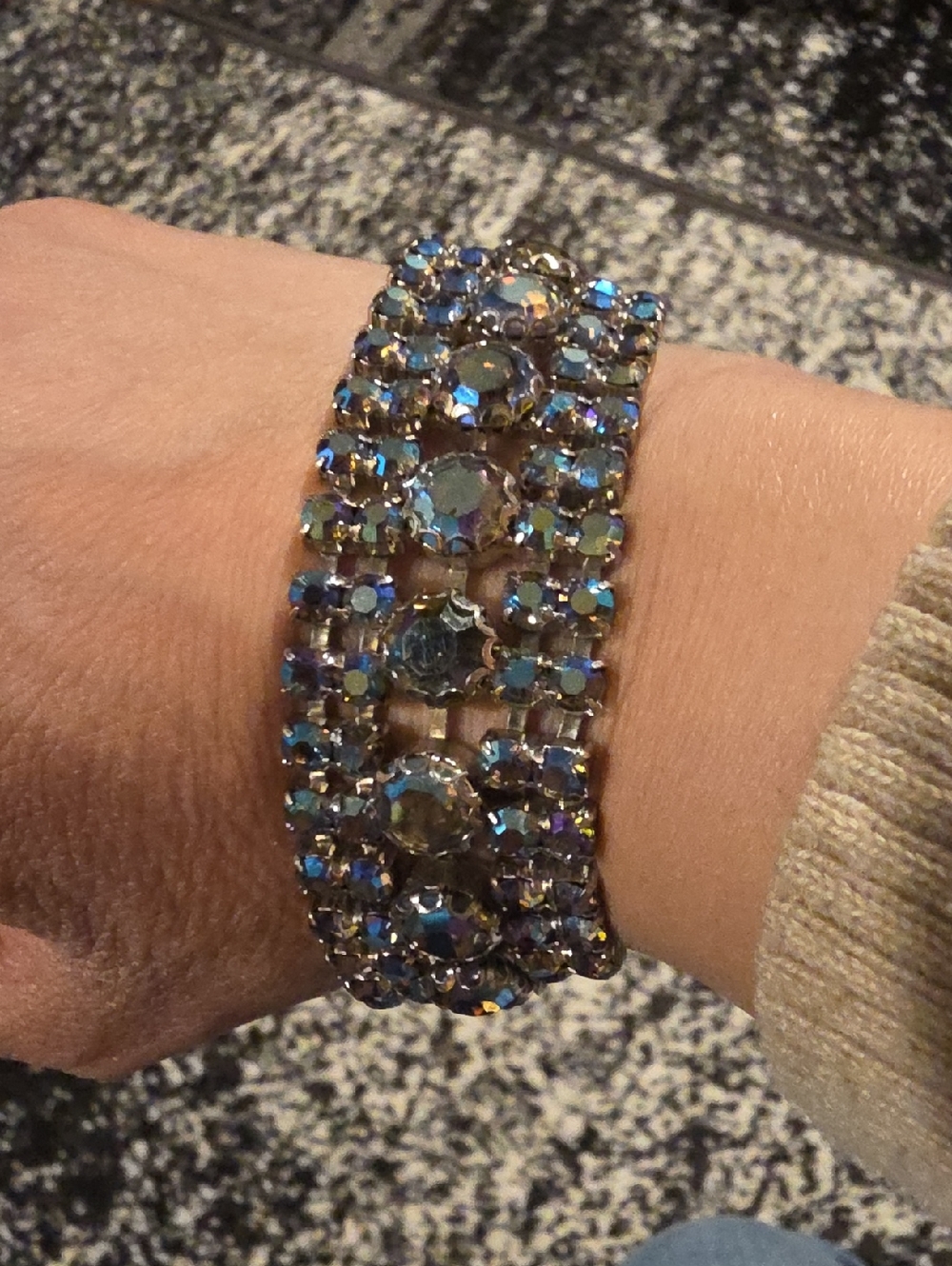 Vintage 1950s Aurora Borealis Rhinestone Bracelet With Safety Chain